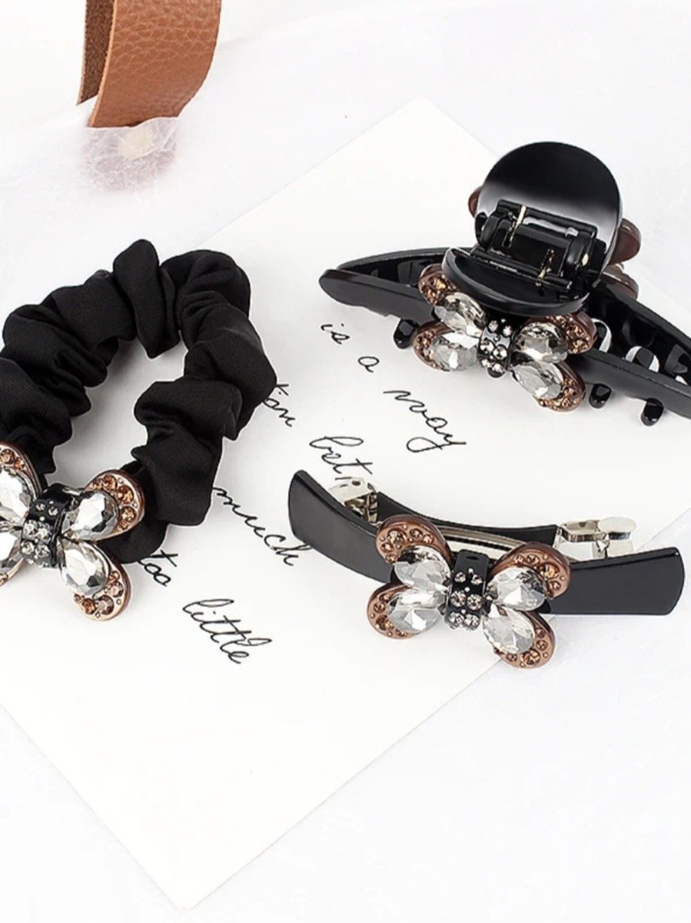 Luxury Black Bow Crystal Hair Claw, Clip & Scrunchie 3pcs Set